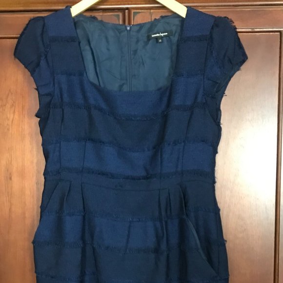 Nanette Lepore Blue Fringe Tweed Square Neck Dress Size 12 - Picture 4 of 11